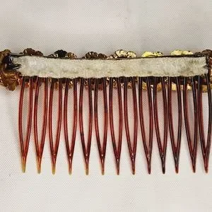Vintage Red Celluloid Hair Comb With Brass Floral Flower Appliqué 3.25” Hair | Vintage Celluloid Hair Comb With Brass Floral Flower  main image 2